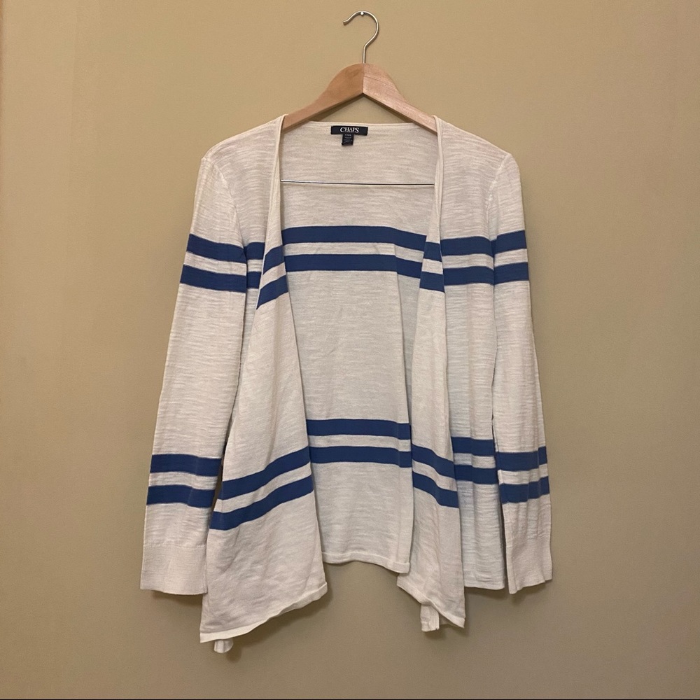 Chaps White Flyaway Cardigan w/ Blue Stripes L